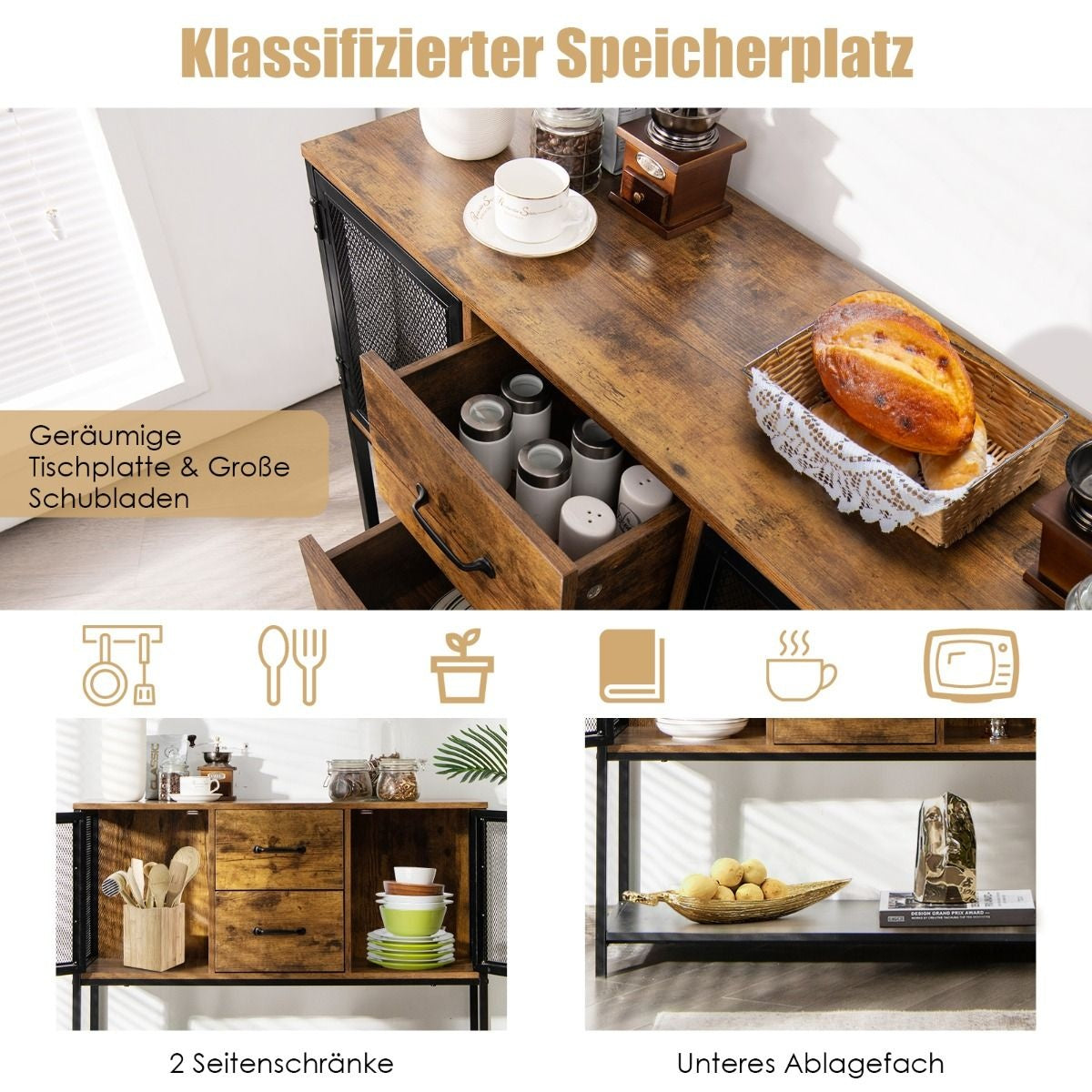 Coast Industrieel multifunctioneel dressoir met 2 roosterkasten en 2 laden 100 x 35 x 85 cm