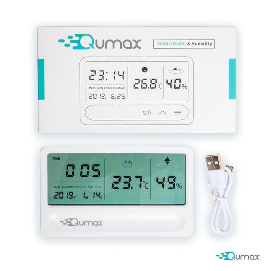 Qumax Digitale Hygrometer - Thermometer voor binnen - Luchtvochtigheidsmeter met halfjaar Accu - Wit