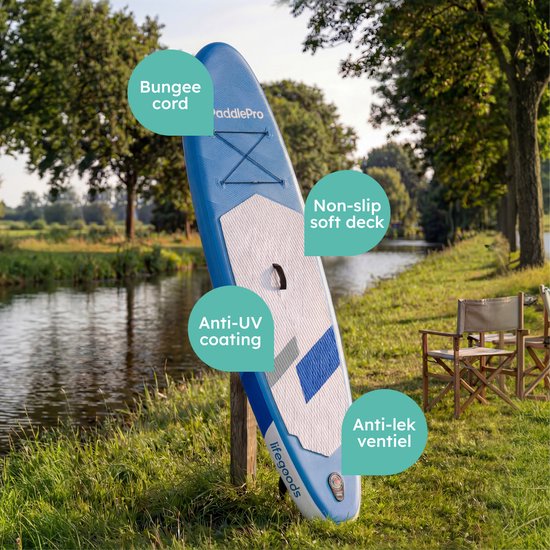 LifeGoods SUP Board Allround Compact - met Zitje - 100 KG Draagkracht - 300 x 76 cm - Opblaasbaar - Compleet SUP pakket - Blauw