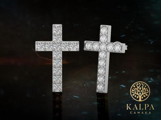 Yolora Dames Oorbellen Kruis - Kalpa Camaka Kristallen - Zilverkleurig - 18K Witgoud Verguld - Vrouwen Oorhangers Zilver - Sieraden - Luxe Giftbox - Geschenkdoos - Cadeau doos - Mooie Cadeauverpakking - Moederdag Cadeautje