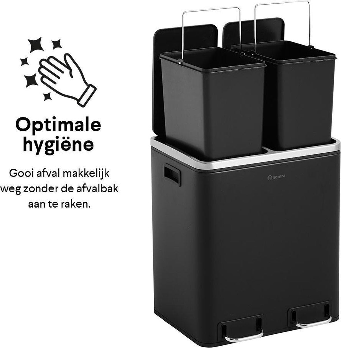 Homra BLINQ Prullenbak 30 Liter - 2x15 L inhoud - Duo Pedaalemmer - RVS -  Zwart - 47x41x35 cm