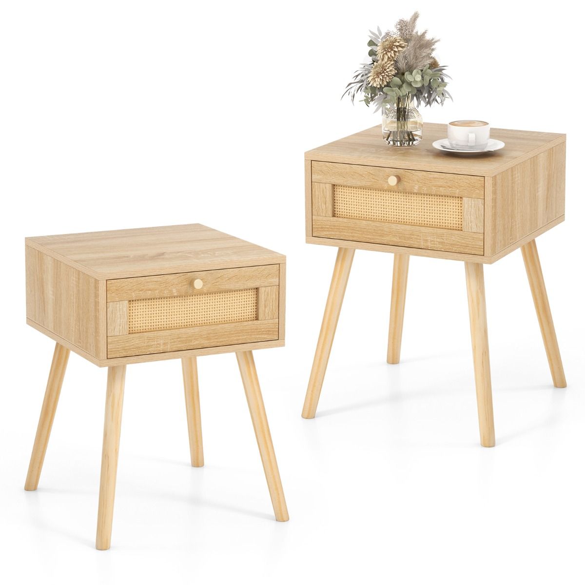 Coast Set van 2 Rotan Nachtkastjes - met lade - massief houten poten - natuurlijk eiken - 40 x 40 x 55 cm