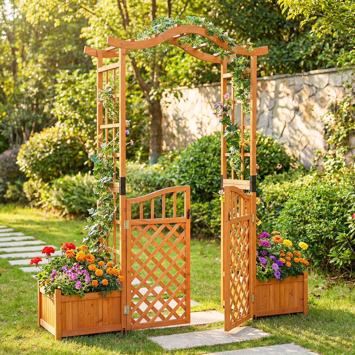 Coast Rozenboog met plantenbakken - tuinboog met klimrek en afsluitbare poort - geel - 185 x 18 x 210 cm