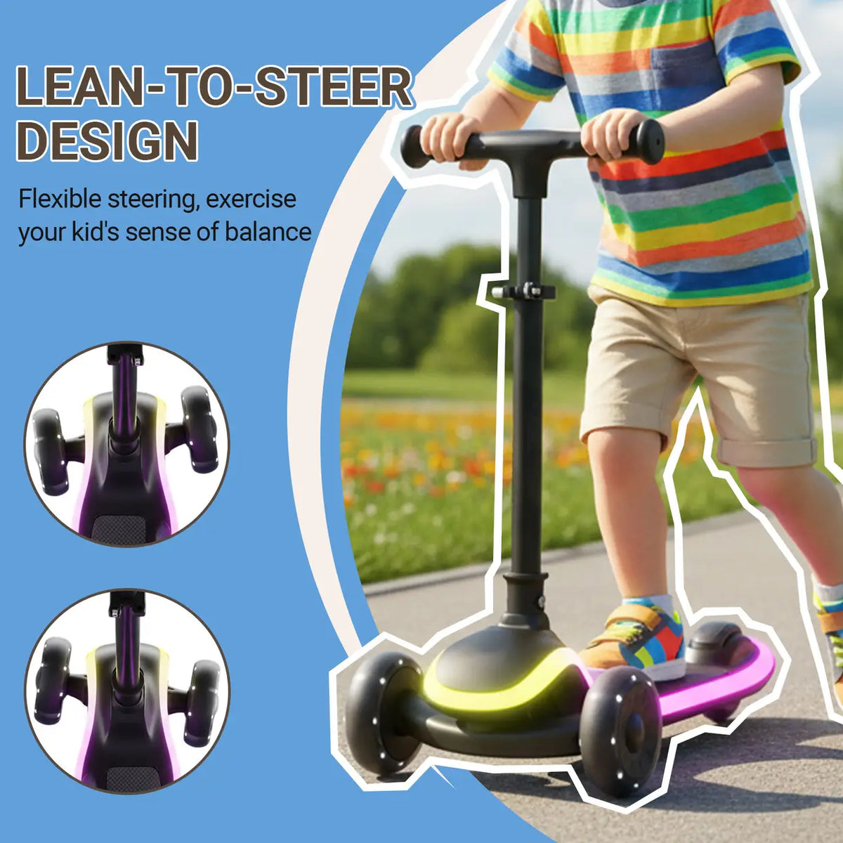 Neuleb YFQ Kinderstep 3-Wielig met LED-Wielen - Opvouwbaar - Zwart