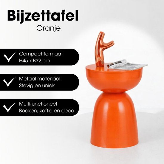 Mica Decorations Elliot Salontafel - Nachtkastje voor Slaapkamer of Woonkamer - Bijzettafel van IJzer voor Bloemen, Planten en Decoratie - H45 x Ø32 cm - Oranje