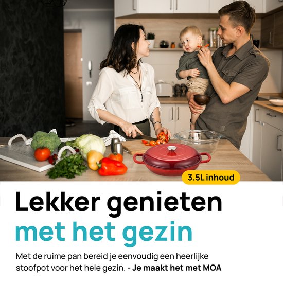 MOA Gietijzeren Braadpan - Braadpan inductie - Gietijzeren pan - 3,5L inhoud - Ø 30 cm - Alle warmtebronnen - Gewicht 5,6 kg - Emaille - Kersenrood