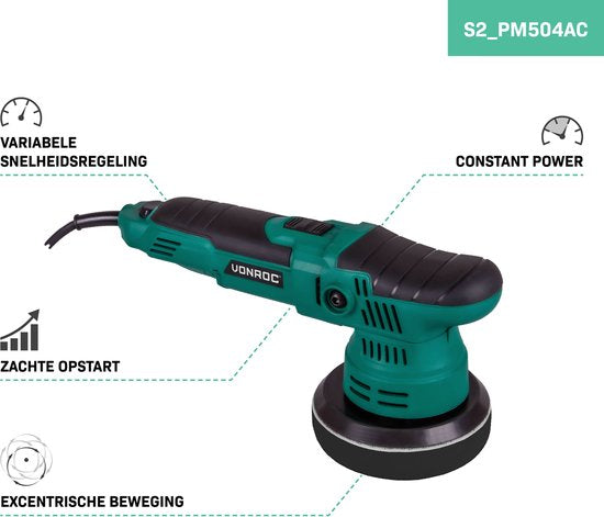VONROC Excentrische polijstmachine - poetsmachine – 650W – Ø125mm – Soft start – Vast vermogen & 7 polijstschijven