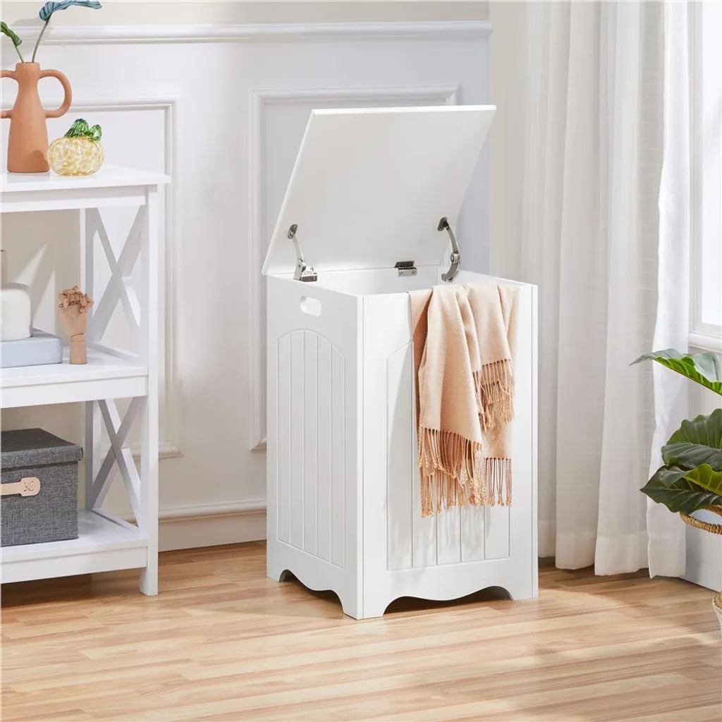 Yaheetech Wasmand met Deksel 96L - Wit - Houten Wasbox met Opbergruimte