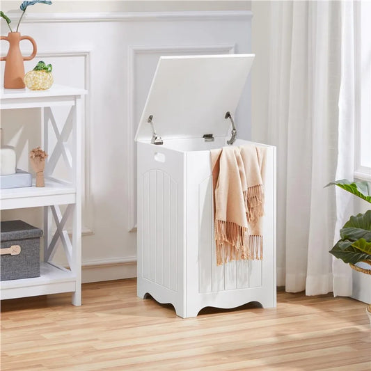 Yaheetech Wasmand met Deksel 96L - Wit - Houten Wasbox met Opbergruimte