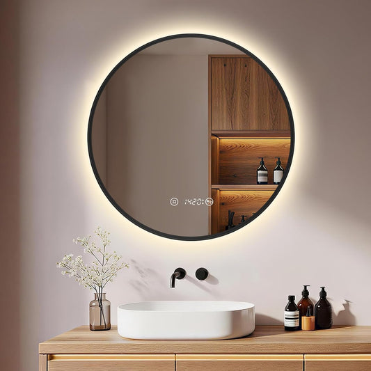 S'afielina Ronde Badkamerspiegel met LED Verlichting Zwart Ø60 x 3 cm - Dimbaar - Anti Condens - Klok & Temperatuurweergave