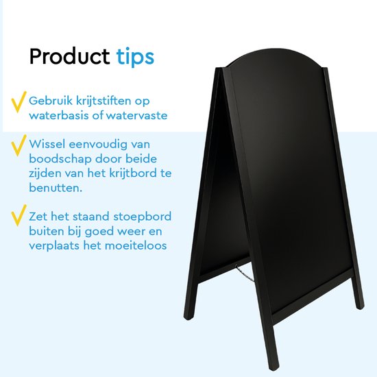 BRASQ Krijtstoepbord Elegance Zwart - 70x130 CM - Krijtbord - Reclamebord - Stoepbord - Dubbelzijdig - voor Binnen en Buiten - Horeca