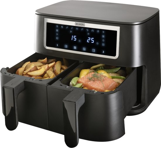 Bourgini Duo Heteluchtfriteuse 2 x 4.0L - PFAS vrij - Airfryer XXL - 2 laden met synchronisatie functie - Touchscreen - 8L - 2600W - Zwart
