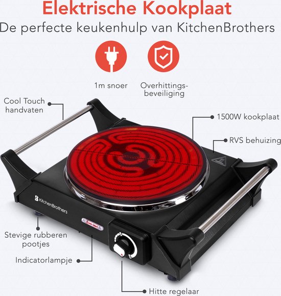 KitchenBrothers Elektrische Kookplaat - 1 Pits - 1500W - Zwart