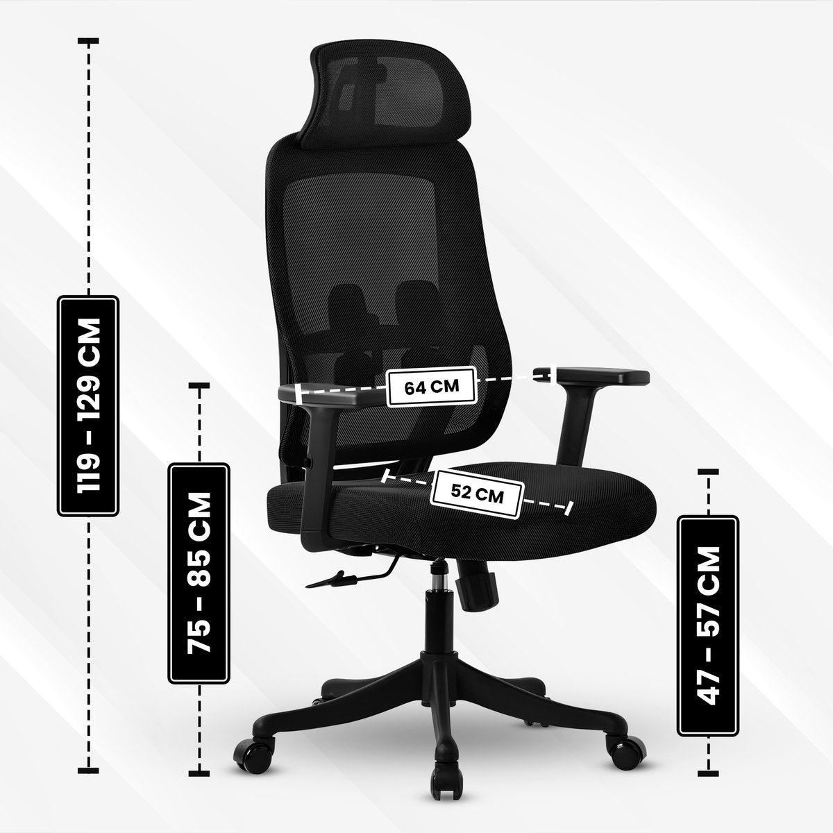 Bayt Ergonomische bureaustoel - Mesh met hoofdsteun en lendensteun - Zwart - 64 x 59 x 121-131 cm