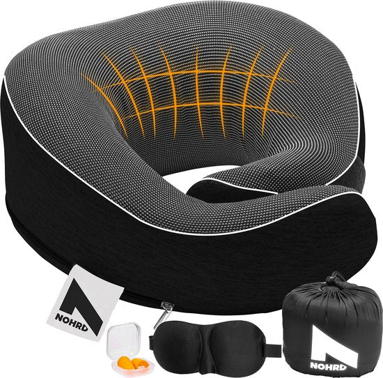 NOHRD Nekkussen Vliegtuig - Reiskussen - Zwart - Memory Foam - Incl. Oordopjes, Slaapmasker & Draagtas - Traagschuim - Neksteun