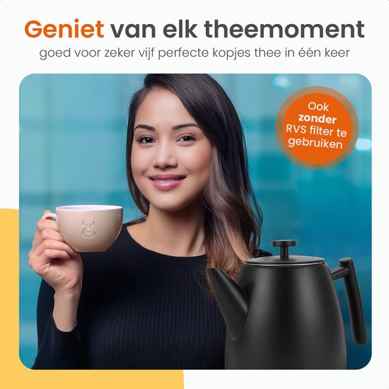 Goliving Theekan met Filter - 1 Liter - Theepot - Dubbelwandig - RVS - Thee Infuser - Mat - Zwart