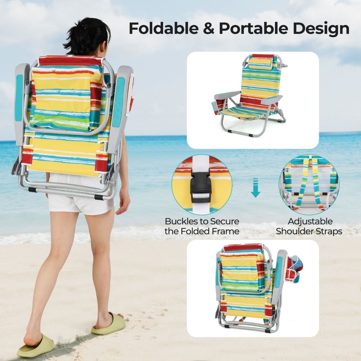 Strandstoel met Verstelbare Rugleuning 5 Standen Opvouwbaar met Bekerhouder en Opbergvakken Multicolor