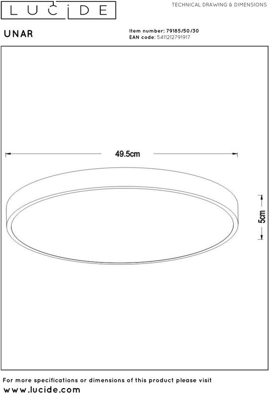 Lucide UNAR - Plafonnière (Plafondlamp) - Ø 49,5 cm - LED 3 StepDim - 1x36W 2700K - Zwart