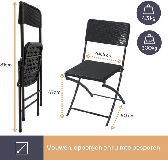 Perel Klapstoel, inklapbaar, binnen-en buitengebruik, weerbestendig, rotanlook, maximaal 300 kg, zwart, robuust, buitenstoel, terrasstoel, tuinmeubel, opvouwbaar en modern, 44.5 x 50 x 81 cm