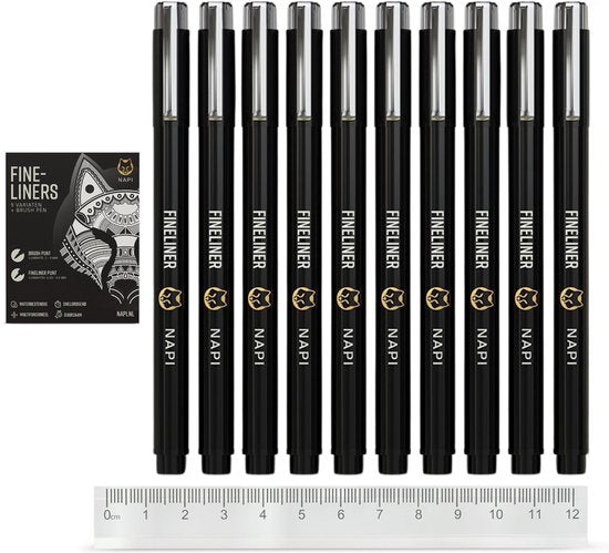NAPI 10 Fineliners Zwart Incl. Brush Pen & Liniaal - 0,2 tot 3mm - Pennen Zwart - Bullet Journal Accessoires - Tekenpennen Set