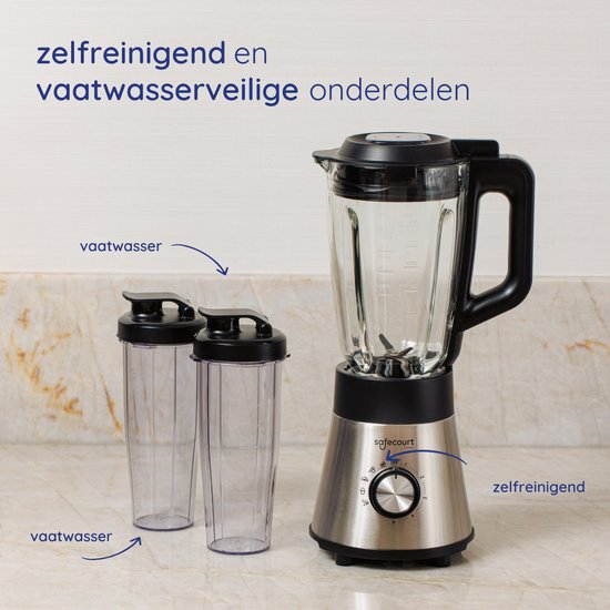 Safecourt Keuken Power blender - 5 automatische programma's - Smoothie maker - +2 to go bekers - RVS