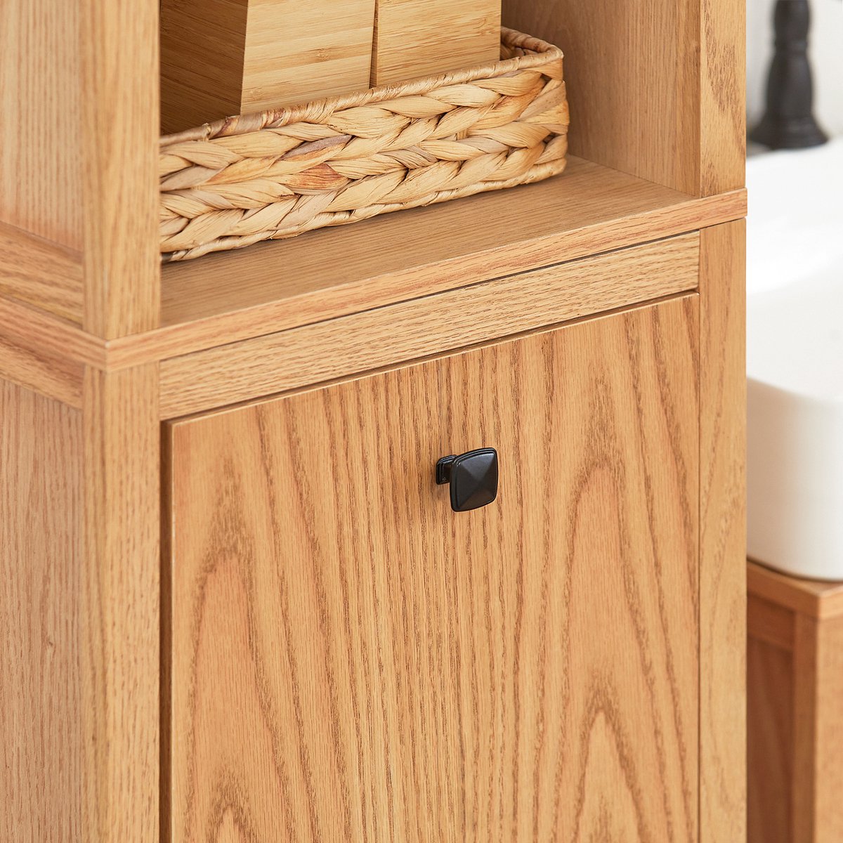SoBuy BZR95-N Badkamerkast - Wood Composite Hoge Kast met Planken & Wasmand - 172 x 40 x 35 cm -Houtkleur