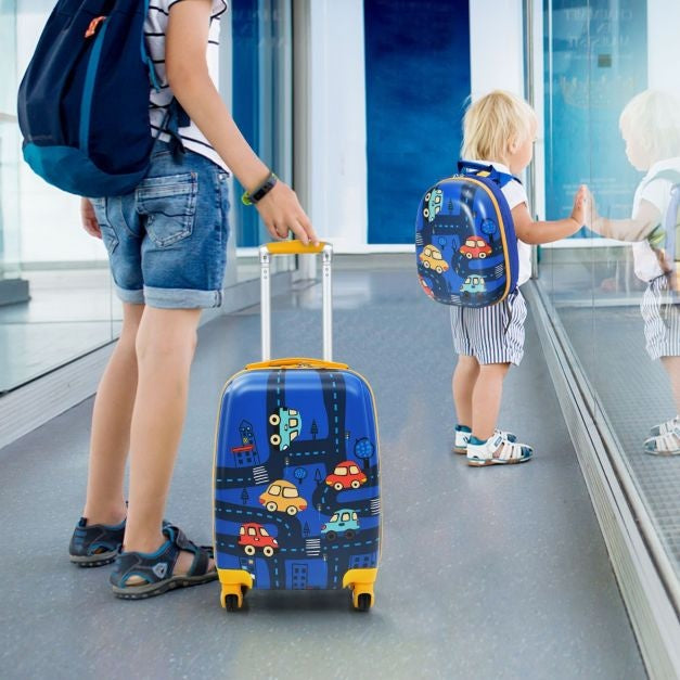 Coast Kinderkofferset 2-delig Kindertrolley + Rugzak Auto's Donkerblauw