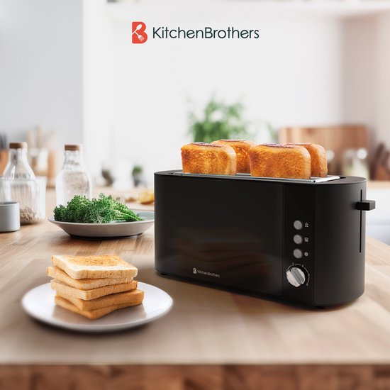 KitchenBrothers Broodrooster - Toaster - 6 Warmteniveaus - 2 Extra Lange Sleuven - 1520W - Zwart