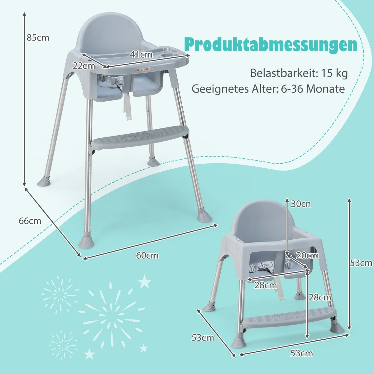 Coast 4 in 1 babyshoedelstoel gemaakt van PP & roestvrijstalen hoge stoel converteerbaar met verwijderbare dubbele lade grijs