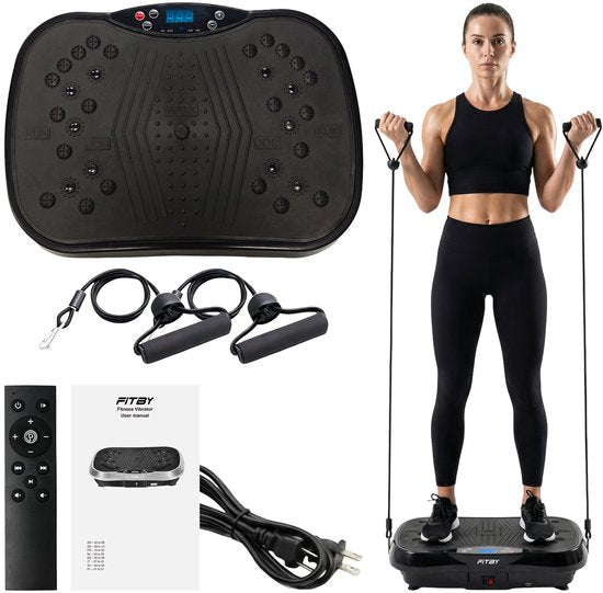 Fitby Trilplaat - Trilplaat Fitness - Powerplate - Inc. weerstandbanden en handvatten - Met Afstandsbediening - 3 Trainingsstanden - 120 Snelheidsniveaus - Zwart