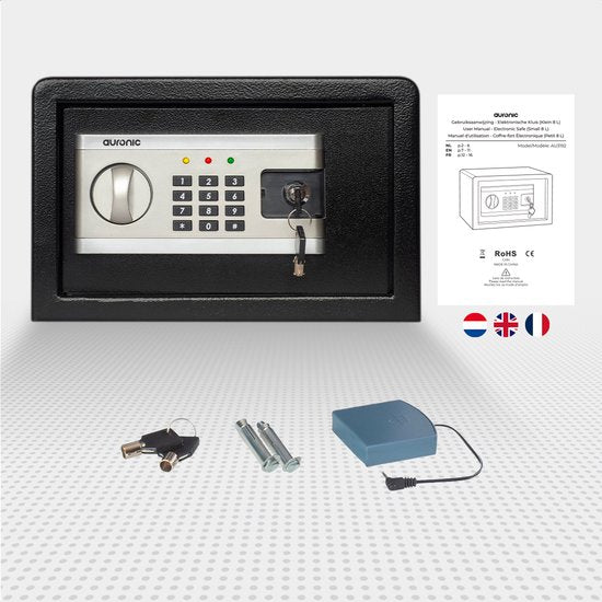 Auronic Elektronische Kluis - Cijferslot - Sleutel - Muurbevestiging - 4,3cm Deur - 130dB Alarm - 8L - 31x20x20cm - 4,5KG - Staal - Zwart