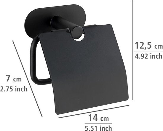 WENKO Turbo-Loc® Toiletrolhouder met klep Orea RVS zwart mat - Toiletpapier houder - WC Rolhouder - Bevestigen zonder boren - Zelfklevend - 10 jaar garantie