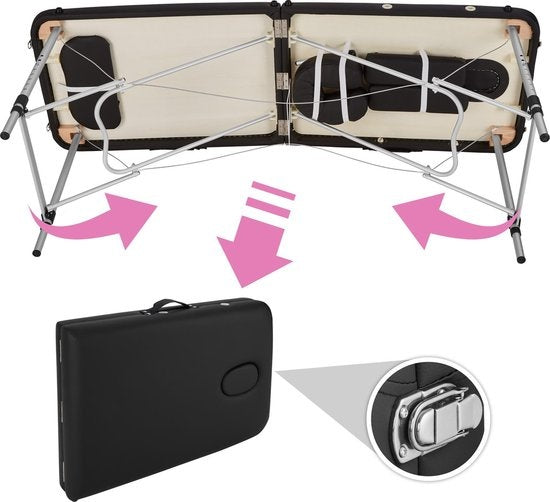 tectake® - aluminium massagetafel 2 zones, massagetafel 4cm matras, opvouwbare massagetafel, in hoogte verstelbare aluminium massagetafel, draagbare massagetafel inclusief accessoires, aluminium hoofdsteun, armleuning en draagtas - zwart