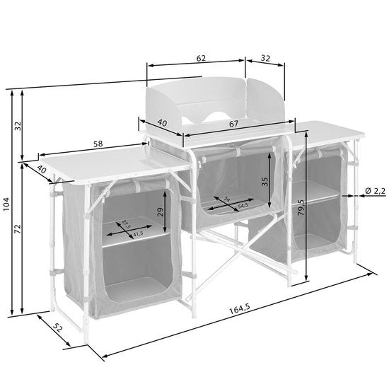 tectake® - Campingkeuken 172x52x104cm - Opvouwbaar - Afsluitbare compartimenten - Stevige werkbladen - Incl. windscherm- zwart