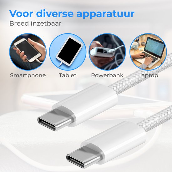 Nuvance USB C naar USB C Kabel - USB C Lader - 2 Meter - Snellader USB C - Gevlochten Nylon - 60W - 480 Mbps - Wit
