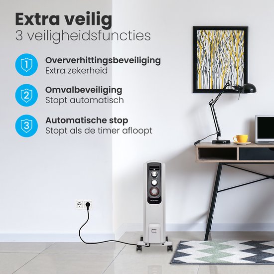 Auronic Olieradiator met Thermostaat - 2000W Heater - Elektrische kachel - Timer - 3 Standen - Wit
