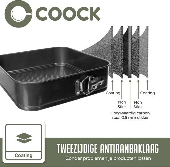 COOCK 3-delige Bakvorm Set Vierkant- Springvorm - Taartvorm Rechthoek met Antiaanbaklaag - 24 tot 28 Cm Diameter -Cakevorm Incl. Deegschraper & E-Book