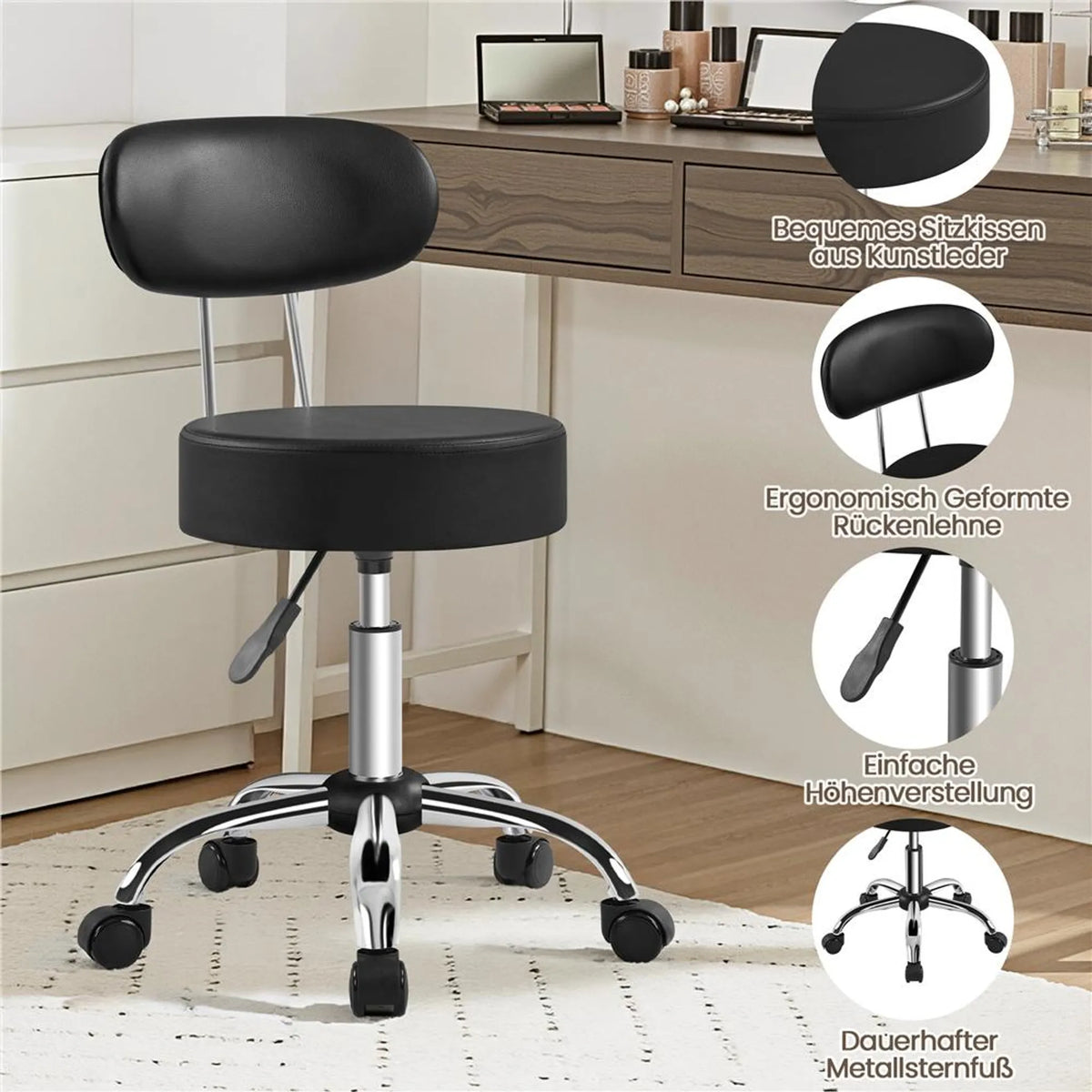 Yaheetech Barkruk Make-upstoel – 52 x 44,5 x 75,5-85 cm – Voorzien Van 10 cm Dik Zitkussen En 360° Rotatie En Verchroomd Metalen Frame – Voor Salon En Kaptafel – Zwart Kunstleer En Metaal