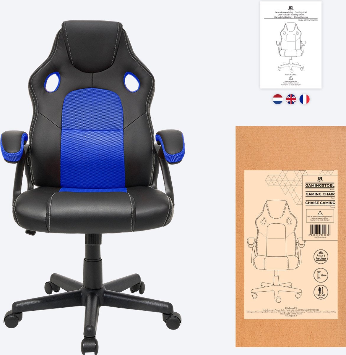 LifeGoods Gamestoel - Verstelbaar - Gaming stoel - Kunstleer - Blauw/Zwart