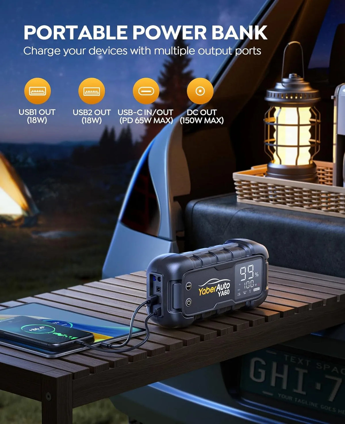 YaberAuto YA60 Jumpstarter 8000A - 26800mAh - 65W Snelladen, LED