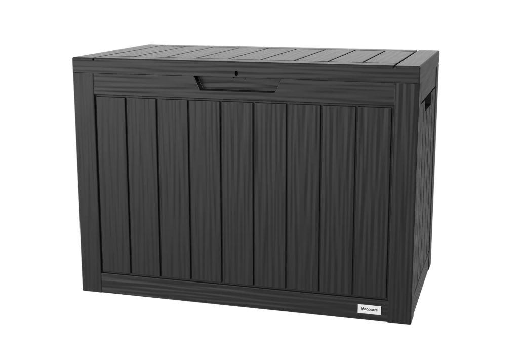 LifeGoods Opbergbox XS 170L - Tuinkussen Opbergbox - Waterdicht - Weerbestendig - Houtlook - Met Slothouder - Grijs