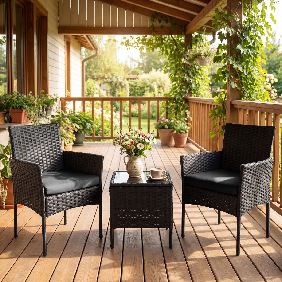 Coast 3-delige tuinset - 2 stoelen en tuintafel - handgevlochten rattan - zwart