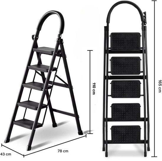 ToolX Huishoudtrap - Keukentrap - Staal - 5 treden - Inklapbaar - Anti-Slip - Opvouwbaar - Zwart