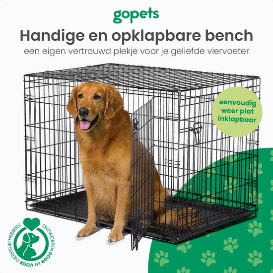 Gopets Hondenbench Opvouwbaar S – Bench – Voor Honden – Incl. Hondenkussen – 2 Deuren – 61 x 43 x 48 cm