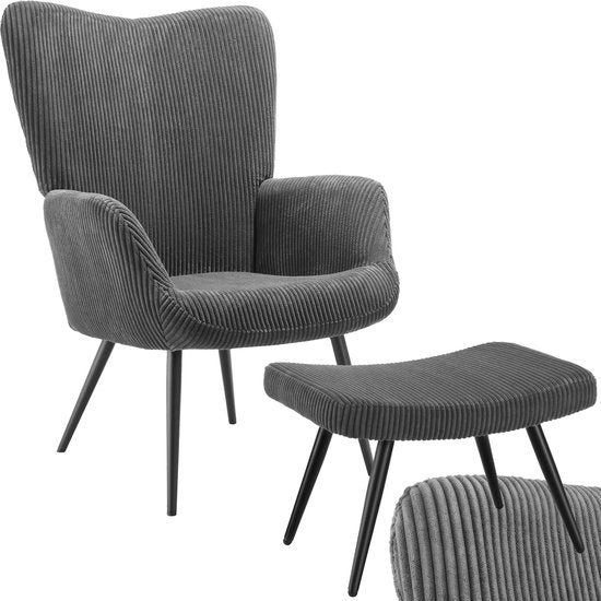 tectake® Oorfauteuil met Hocker – Scandinavische Teddy Bouclé Fauteuil – Lounge- en Woonkamerstoel – Zwart Metalen Poten – Draagvermogen 150kg – Corduroy - Grijs