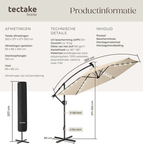 tectake® Zweefparasol met Voet - 3,5 x 3,5 m - Tuinparasol met LED-Verlichting op Zonne-Energie - Draaibaar - Waterafstotend Polyester met UV-Bescherming - Inclusief Hoes - Beige