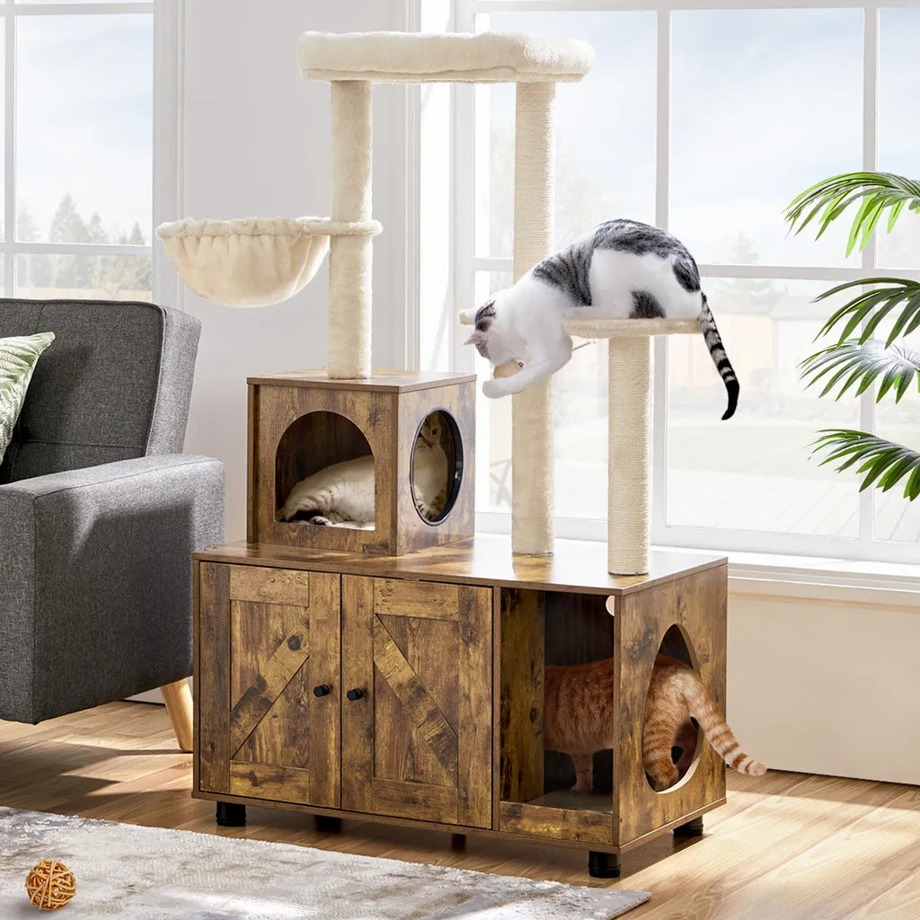 Yaheetech Krabpaal met Kattenbakmeubel 80 x 45 x 134,5 cm - Vintage Bruin/Beige - 2-in-1 Kattenmeubel met Krabpaal en Kattenbak Kast