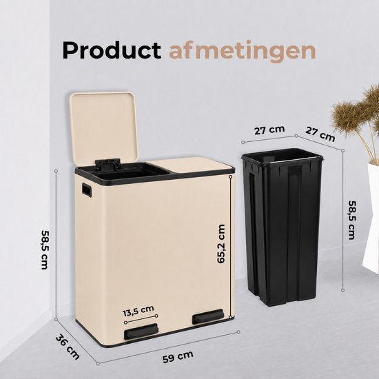 O'DADDY® Prullenbak – Afvalbak - Prullenbak 60 liter - Pedaalemmer – Vuilnisbak - Prullenbak 2 vakken - Prullenbak afvalscheiding – Afvalbak afvalscheiding - 2 Binnen emmers - Soft-Close - Inclusief 15 Afvalzakken - Beige