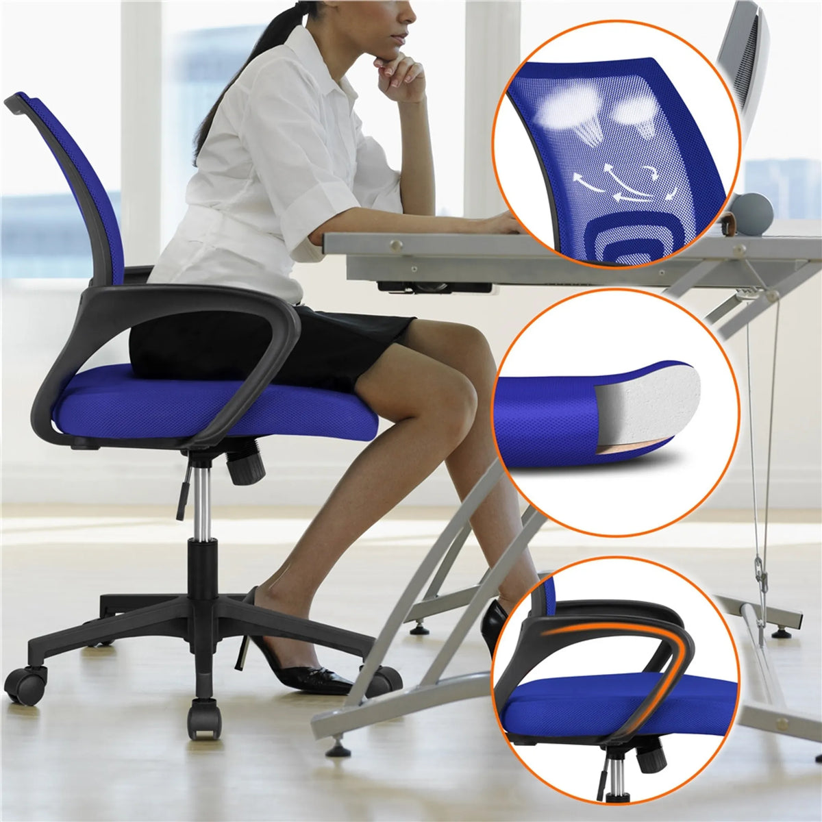 Yaheetech Bureaustoel Ergonomisch – Voorzien Van Ademende Meshstof En Schommelfunctie En Brede Zitting – Voor Kantoor En Studeerkamer – Blauw Nylon En Staal – 60,5 x 60 x 87-97 cm
