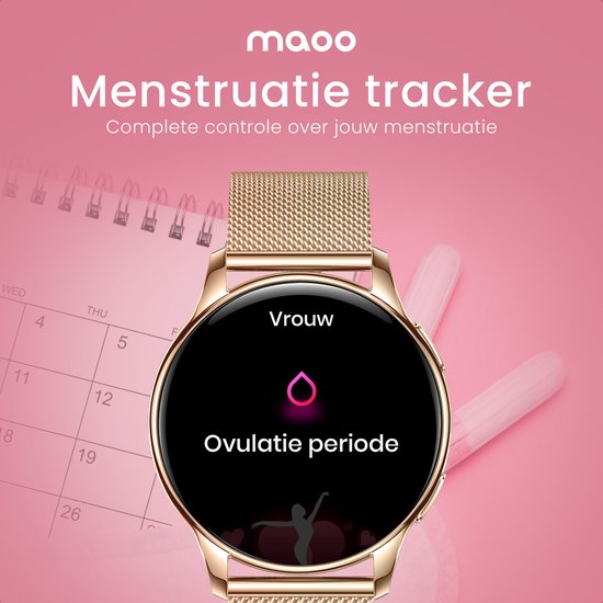 Maoo Ventura AMOLED Smartwatch Dames – RVS & 4 Siliconen Bandjes – Stappenteller, Hartslagmeter, Slaapmonitor, Multisport, Notificaties, Bellen, GPS, Android & iOS – Rosé Goud & Roze